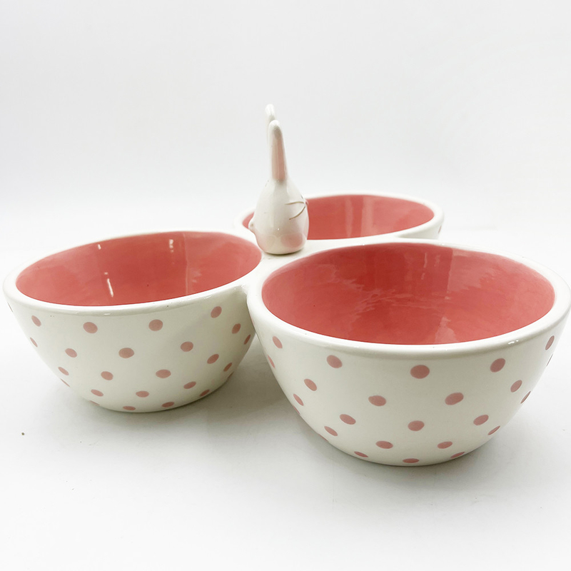 Clássico Cor-de-Rosa Material Cerâmico Tri Parte Servindo Bowl Coelhinho Silly Com Manopla de Coelho