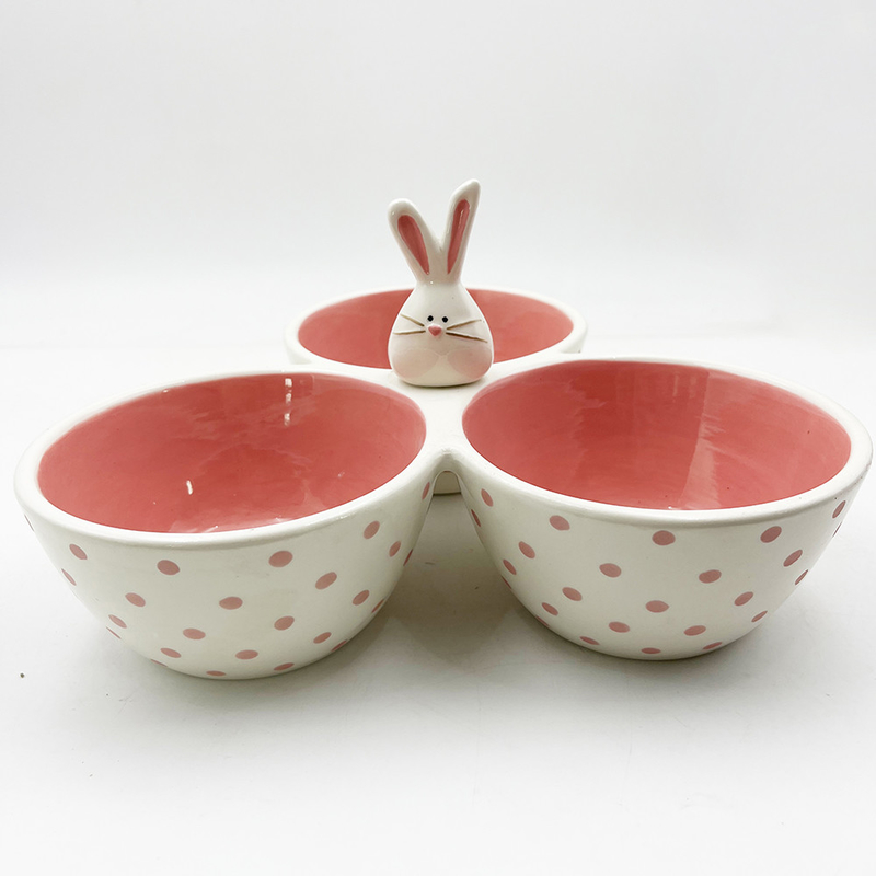 Clássico Cor-de-Rosa Material Cerâmico Tri Parte Servindo Bowl Coelhinho Silly Com Manopla de Coelho
