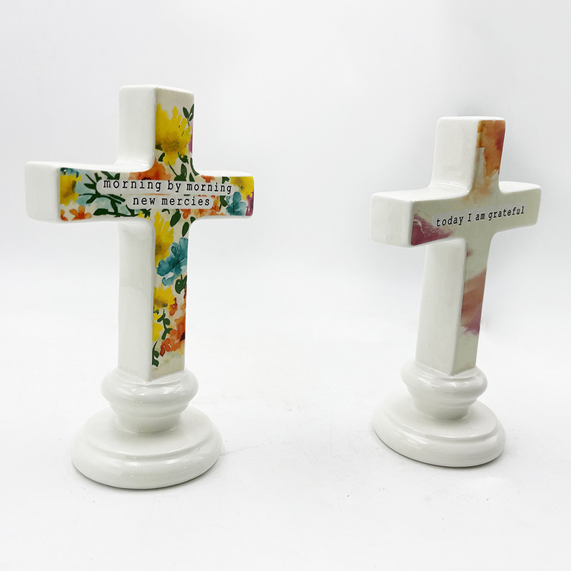 Material cerâmico sólido Artesanato Esculptura de pé para mesa Ornamento de altar Cruz com palavras