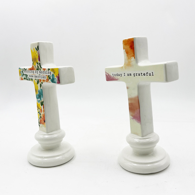 Material cerâmico sólido Artesanato Esculptura de pé para mesa Ornamento de altar Cruz com palavras
