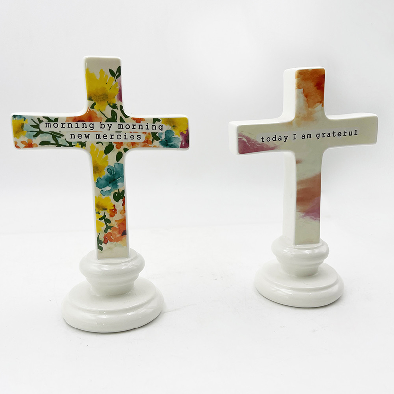 Material cerâmico sólido Artesanato Esculptura de pé para mesa Ornamento de altar Cruz com palavras