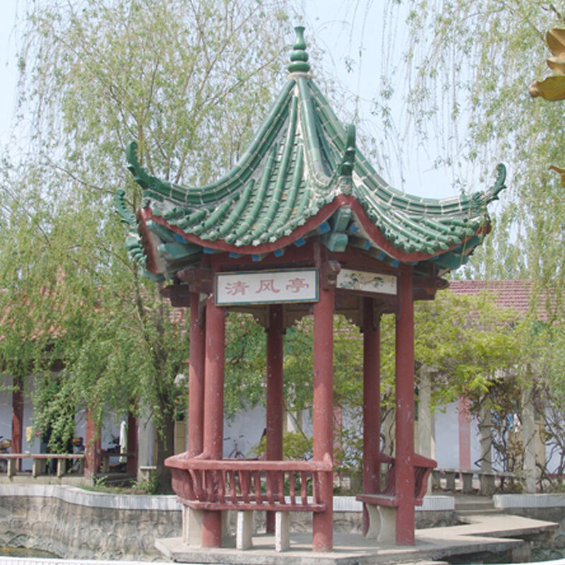 Pavilhão de madeira antiga Casa de chá com azulejos tradicionais chineses de vidro verde Pavilhão manual para parque moderno Espaço de expansão ao ar livre Courtyad