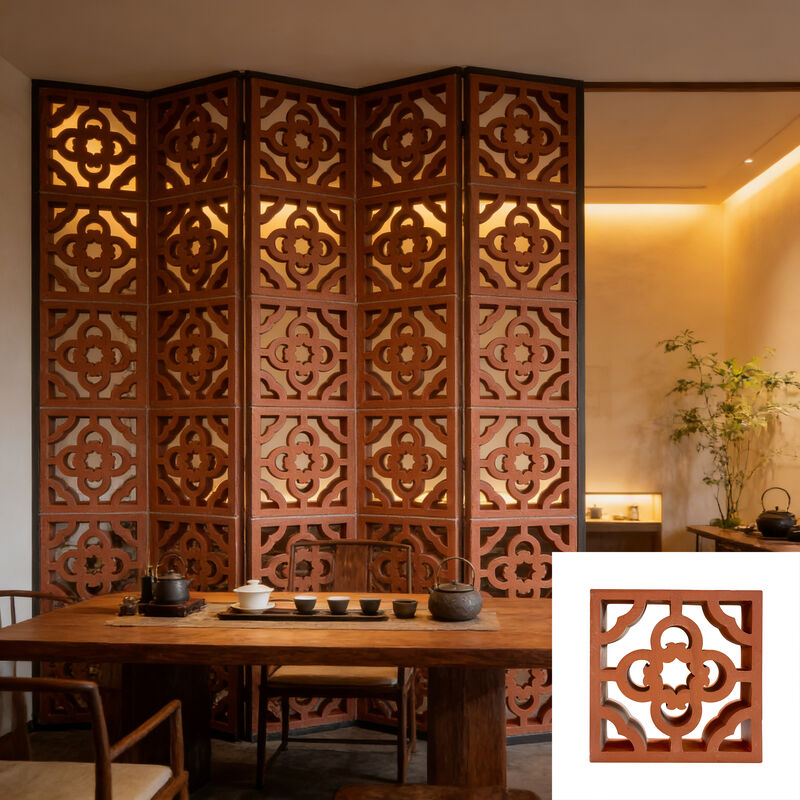 Red Clay Floral Pattern Natural Breeze Blocks Decorative Perforated Terracotta Bricks for Patio & Tea Room Space Divider