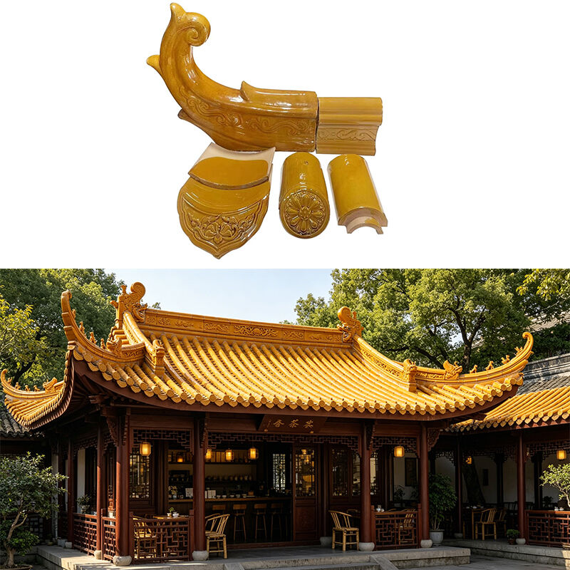 Telhas de telhado de barro glazado amarelo durável Telhas de telhado de cerâmica brilhante Material de telhado tradicional chinês antigo para pátio e pavilhão