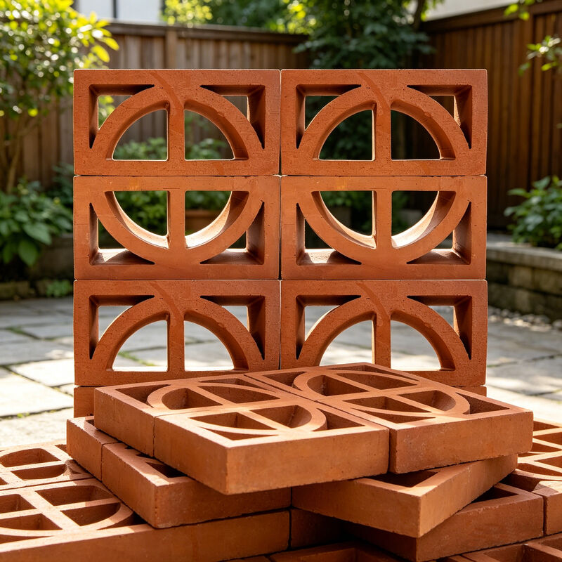 Bloco de ventilação de terracota natural, bloco decorativo de brisa de argila vermelha com recorte em semicírculo para fachadas de paredes de privacidade de jardim