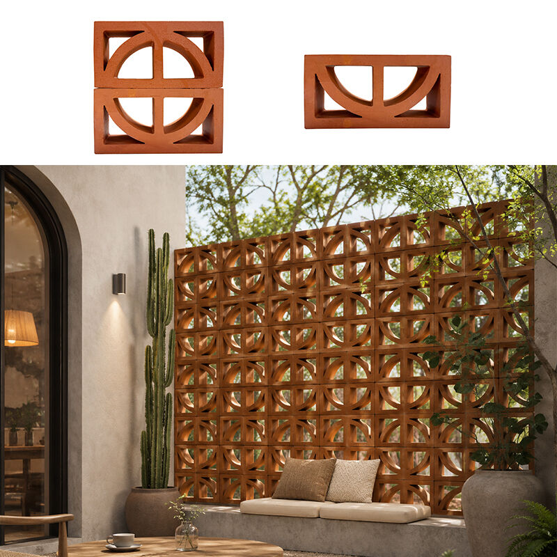 Bloco de ventilação de terracota natural, bloco decorativo de brisa de argila vermelha com recorte em semicírculo para fachadas de paredes de privacidade de jardim