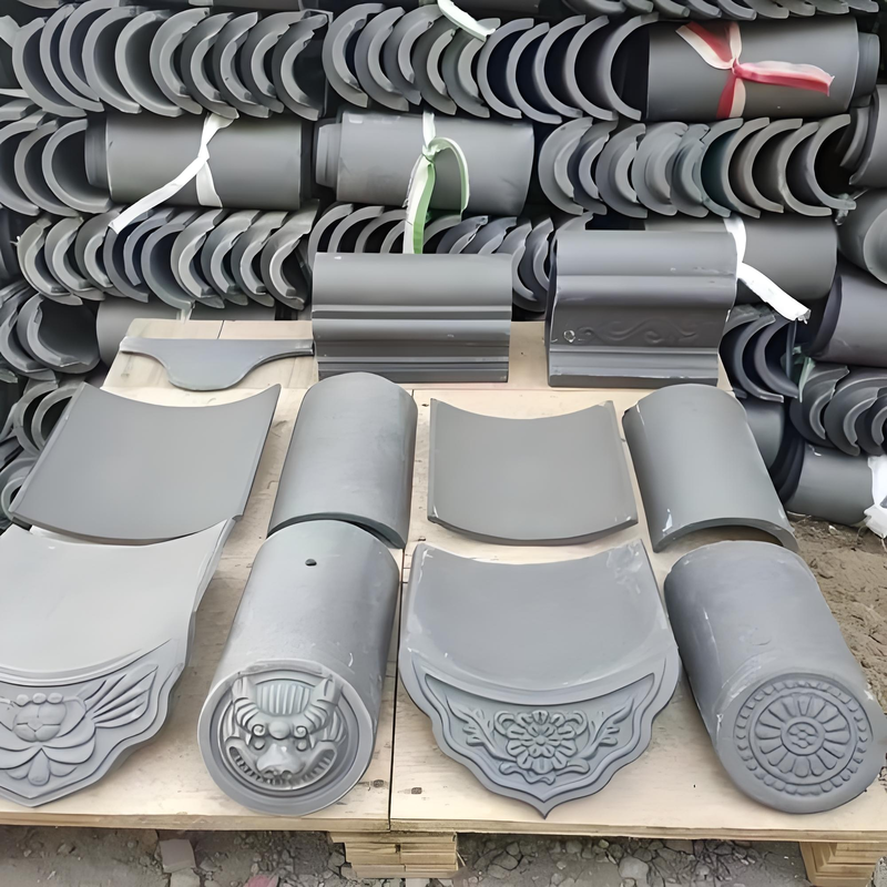 Sistema tradicional chinês de telhados de telhas de barro cinza conjunto de tampa curva, telhas de panela plana, telhas de gotejamento e telhas de crista para arquitetura asiática