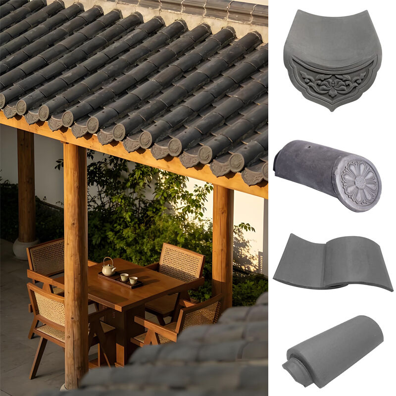 Conjunto Completo de Telhas Cerâmicas Chinesas Cinzas para Telhado, Telhas Decorativas de Beiral e Capas de Barril para Arquitetura de Paisagem Externa de Casa de Chá