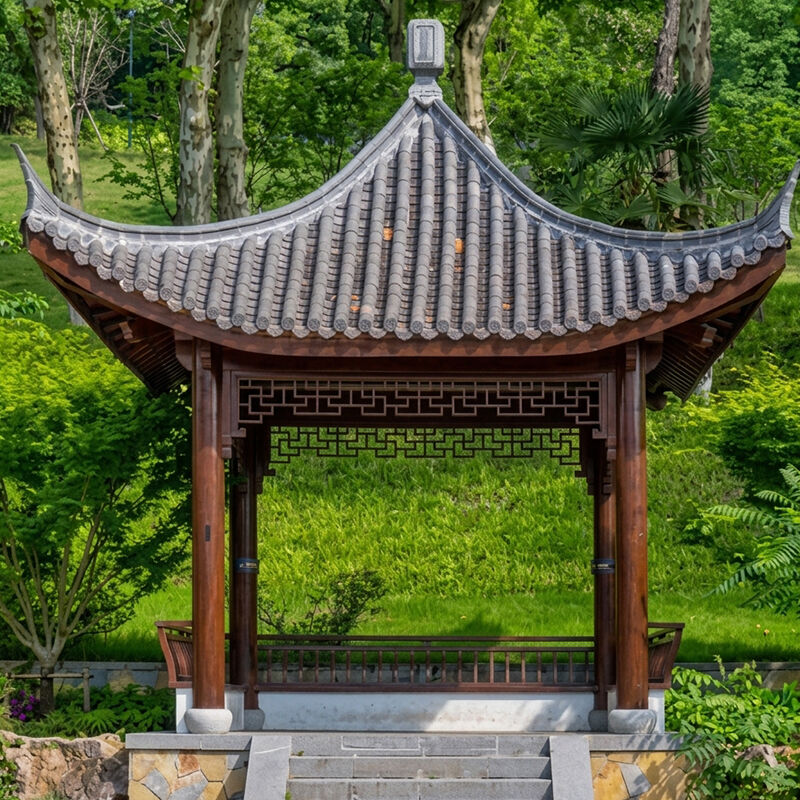 High-Pitched Japanese/Chinese Wooden Garden Gazebo Kit Pagoda Pavilion with Fretwork Lattice & Grey Clay Tile Roof for Parks